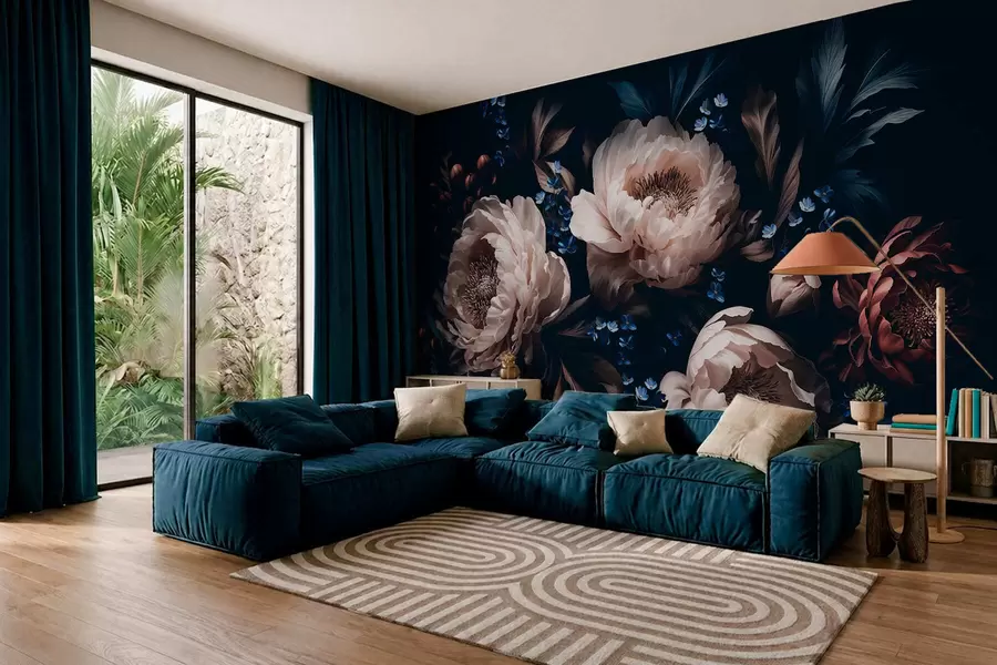 murais de parede Composição floral escura com flores e folhas grandes w05533
