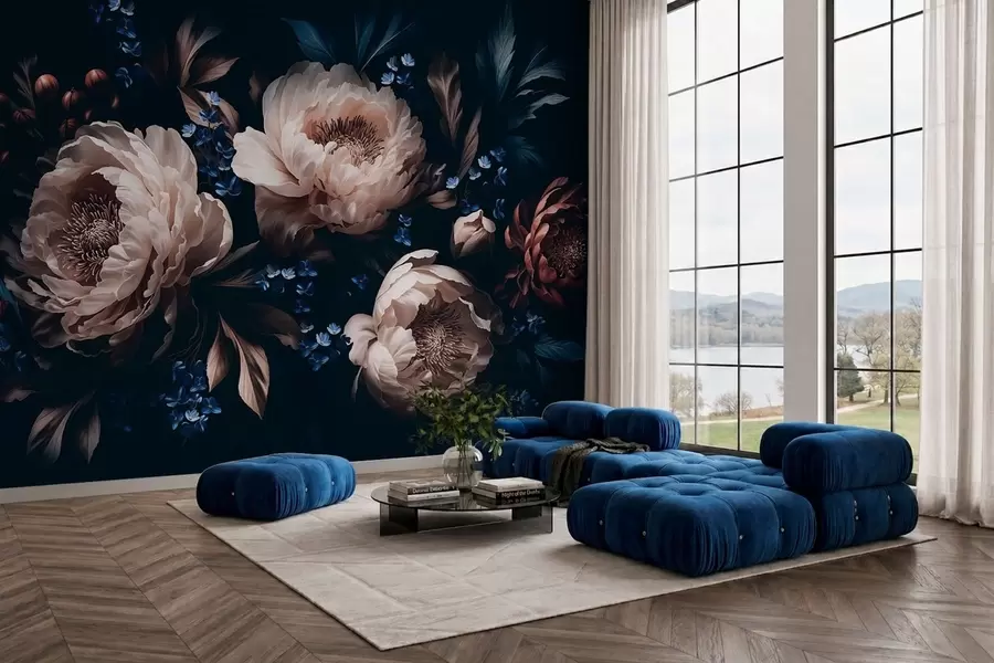 murales Composición floral en tonos oscuros con flores y hojas grandes w05533