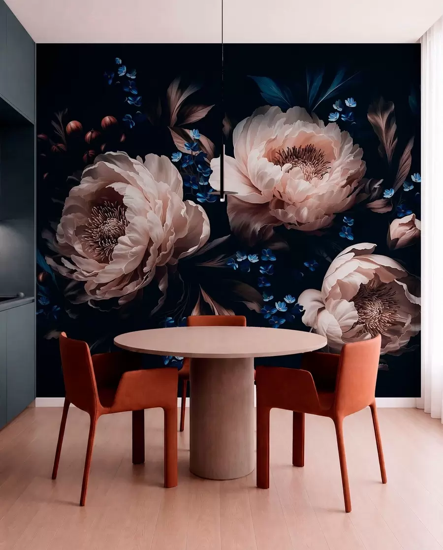 wall murals Dark floral composition with large flowers and leaves w05533