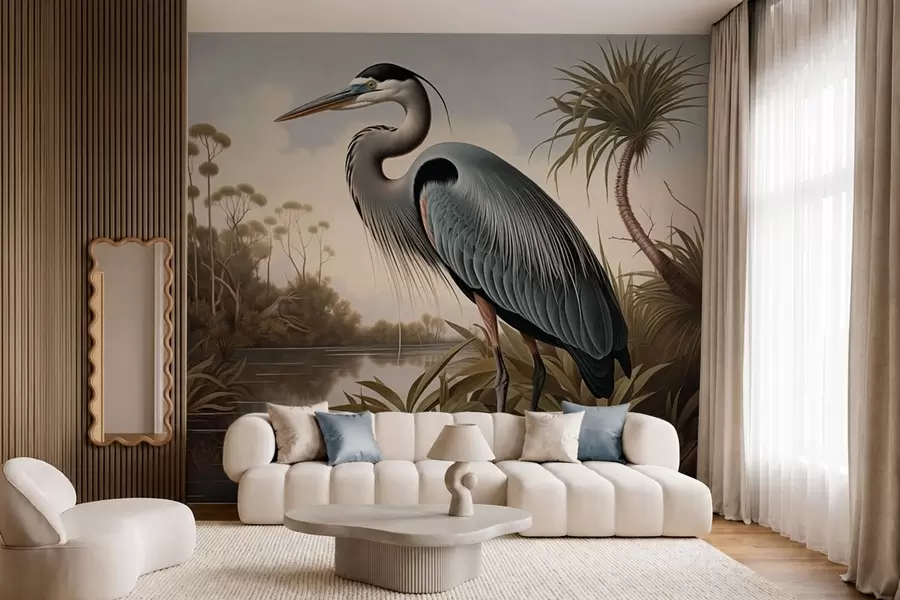 murales Una garza junto al agua, entre las plantas de la orilla w05572