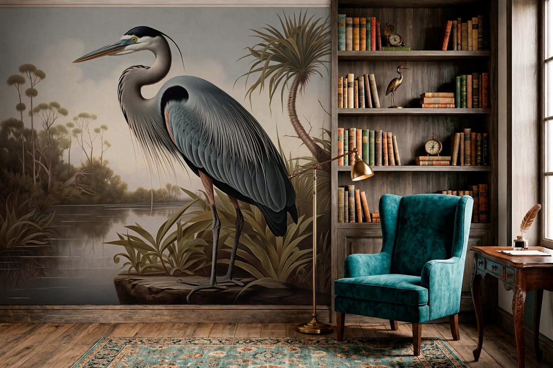 murales Una garza junto al agua, entre las plantas de la orilla w05572