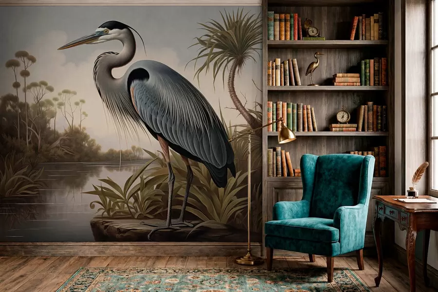 murales Una garza junto al agua, entre las plantas de la orilla w05572