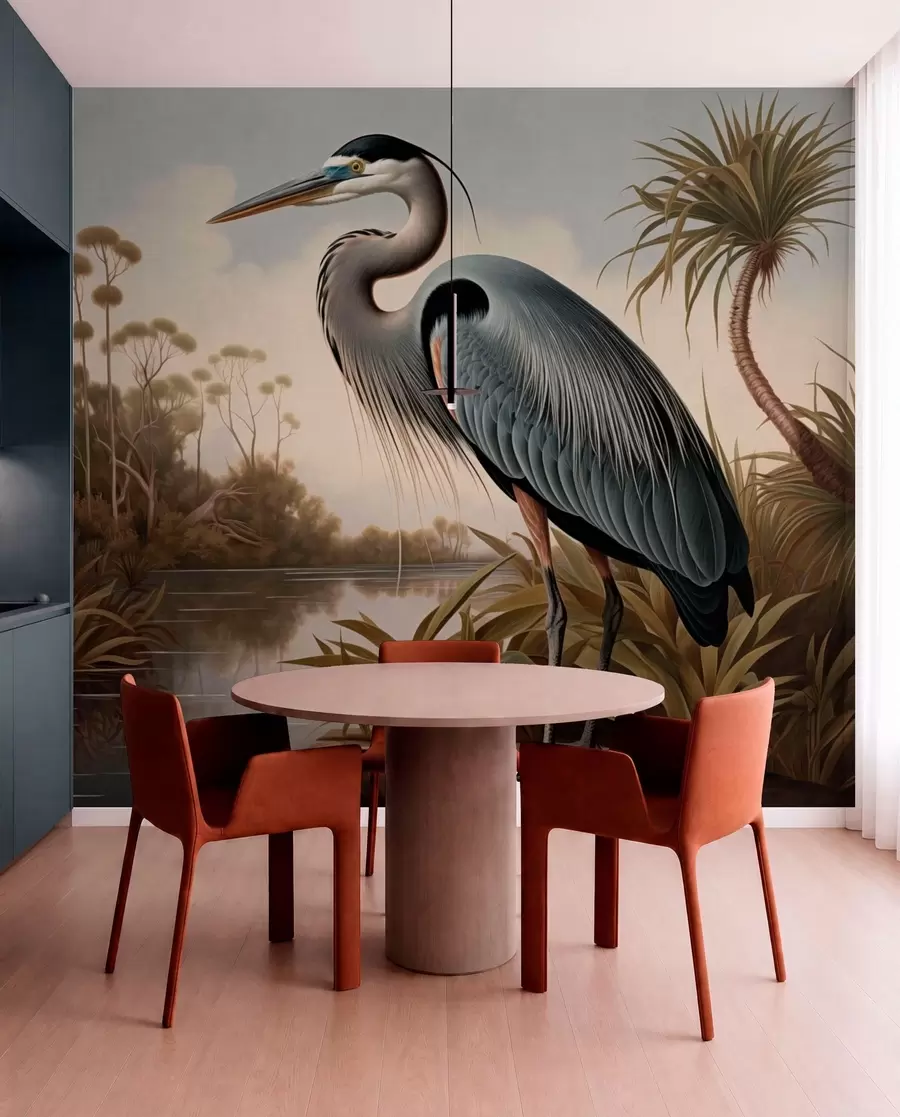 peintures murales Un héron près de l'eau, parmi les plantes du rivage w05572
