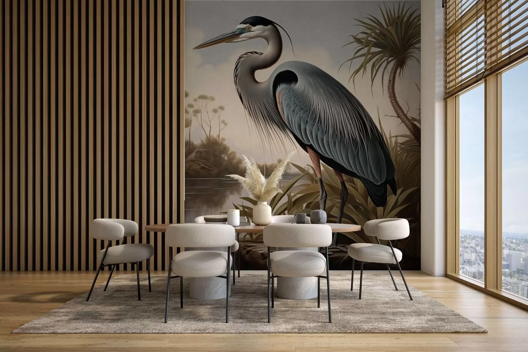 murales Una garza junto al agua, entre las plantas de la orilla w05572
