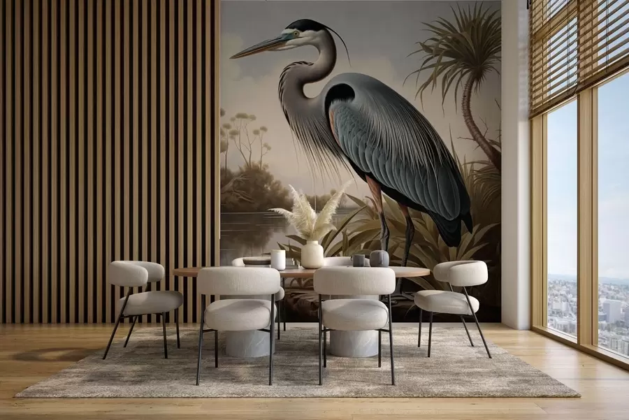 murales Una garza junto al agua, entre las plantas de la orilla w05572