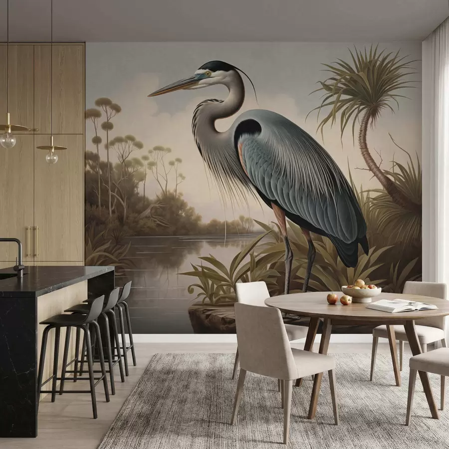 wall murals Heron by water among plants on the shore w05572