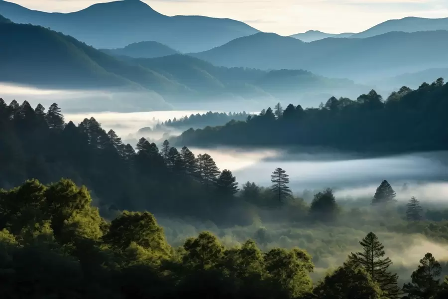 Wall Mural Photo Wallpaper Mountain landscape with mist and forests at dawn w05573