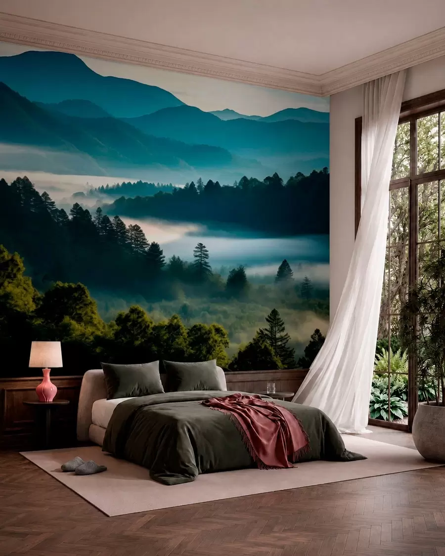 Wall Mural Photo Wallpaper Mountain landscape with mist and forests at dawn w05573