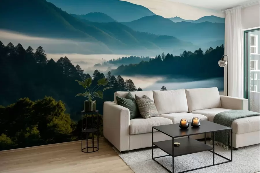 murales Paisaje montañoso con niebla y bosques al amanecer w05573