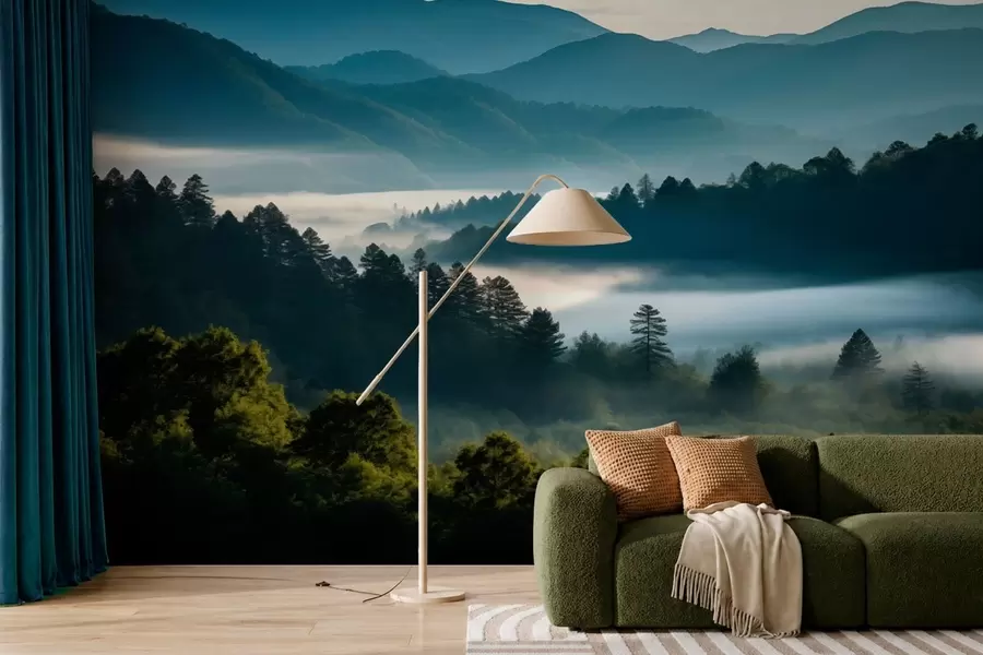 murales Paisaje montañoso con niebla y bosques al amanecer w05573