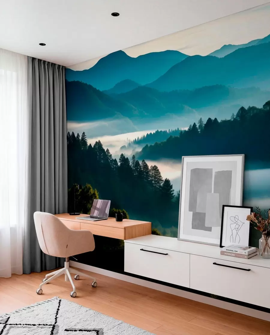 wall murals Mountain landscape with mist and forests at dawn w05573