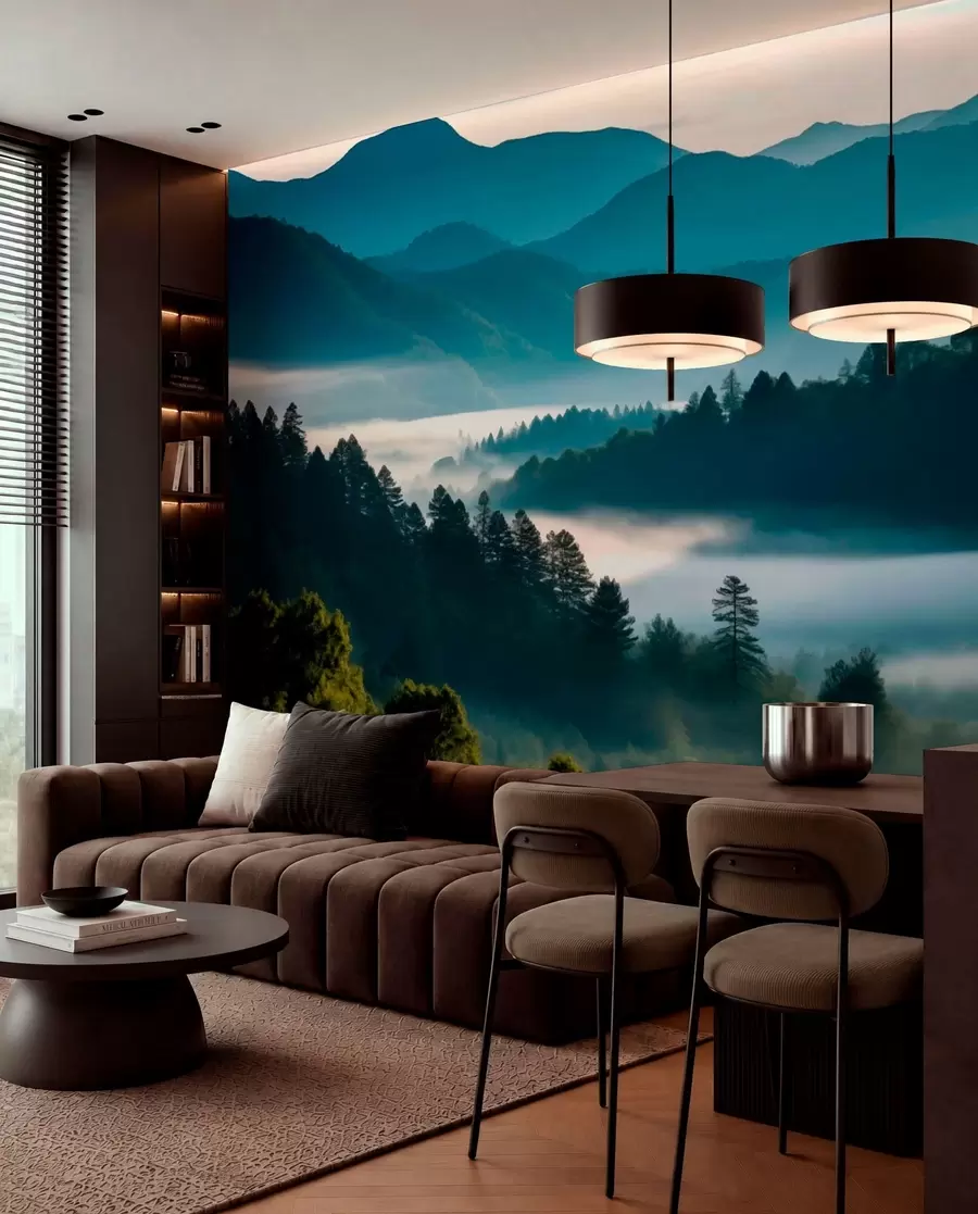peintures murales Paysage de montagne avec brume et forêts à l'aube w05573