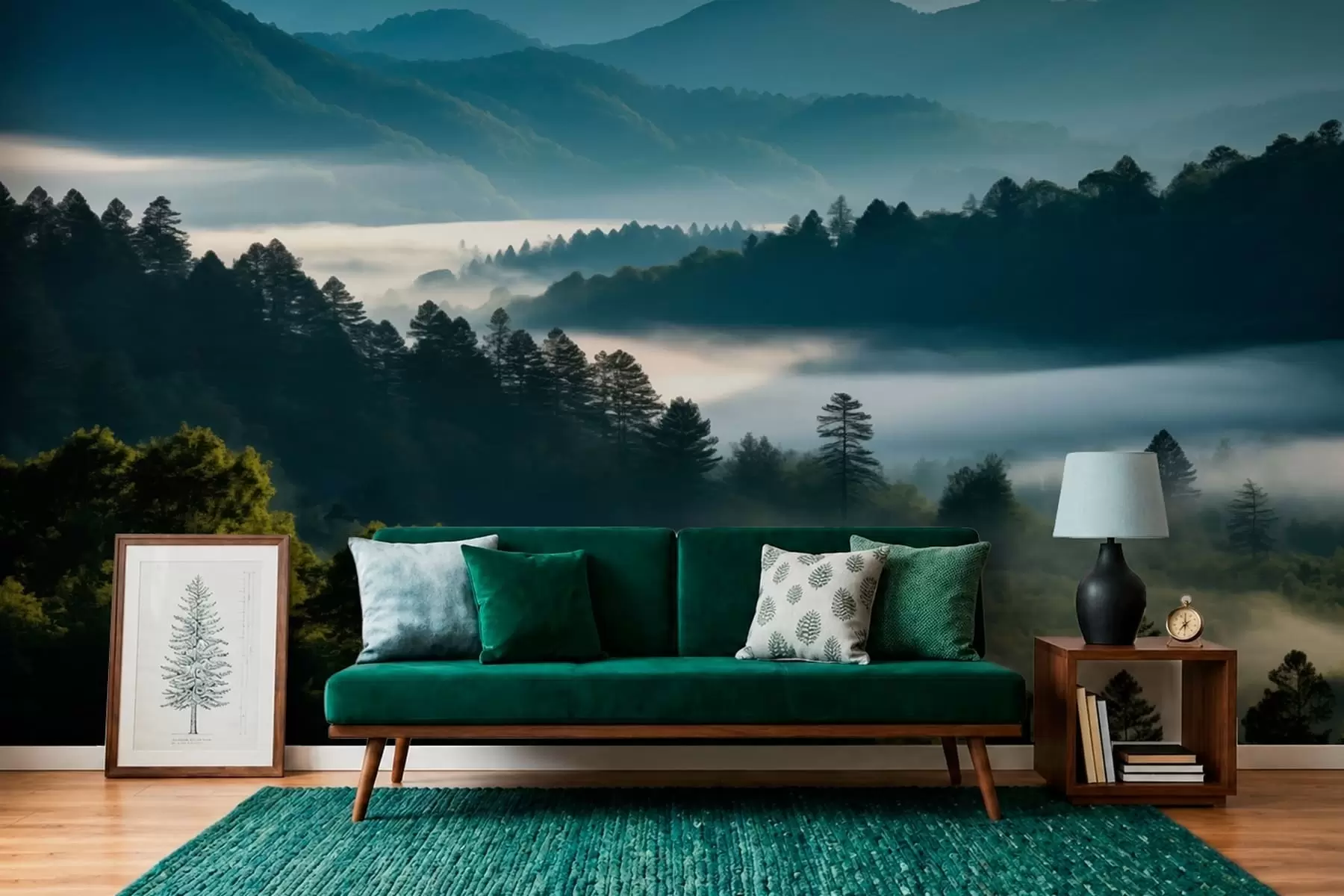 peintures murales Paysage de montagne avec brume et forêts à l'aube w05573