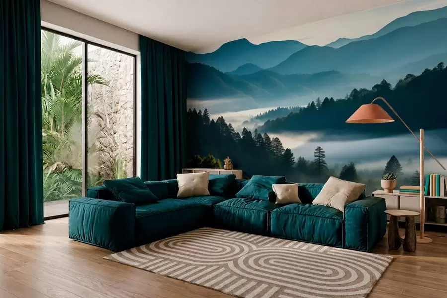 murales Paisaje montañoso con niebla y bosques al amanecer w05573