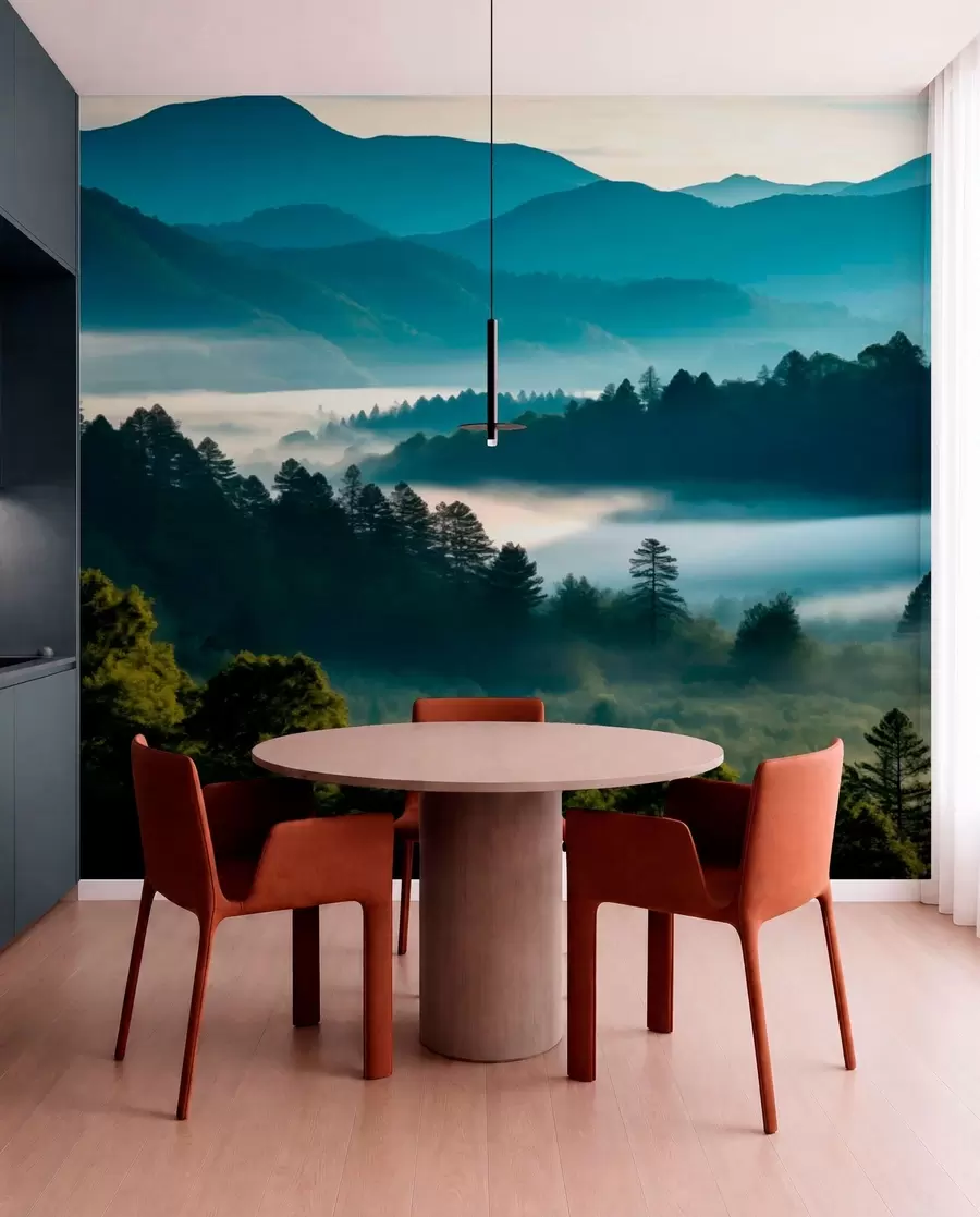 wall murals Mountain landscape with mist and forests at dawn w05573