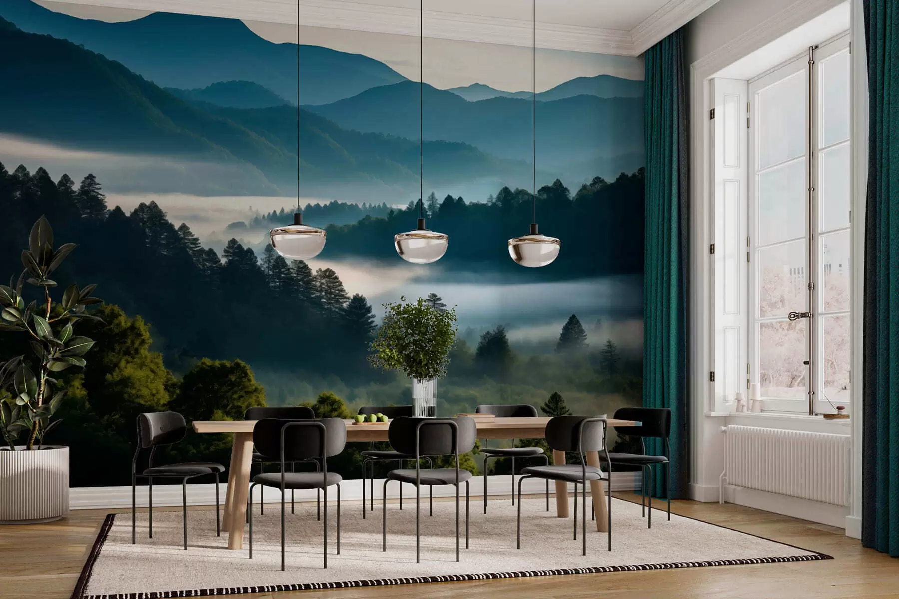 murales Paisaje montañoso con niebla y bosques al amanecer w05573
