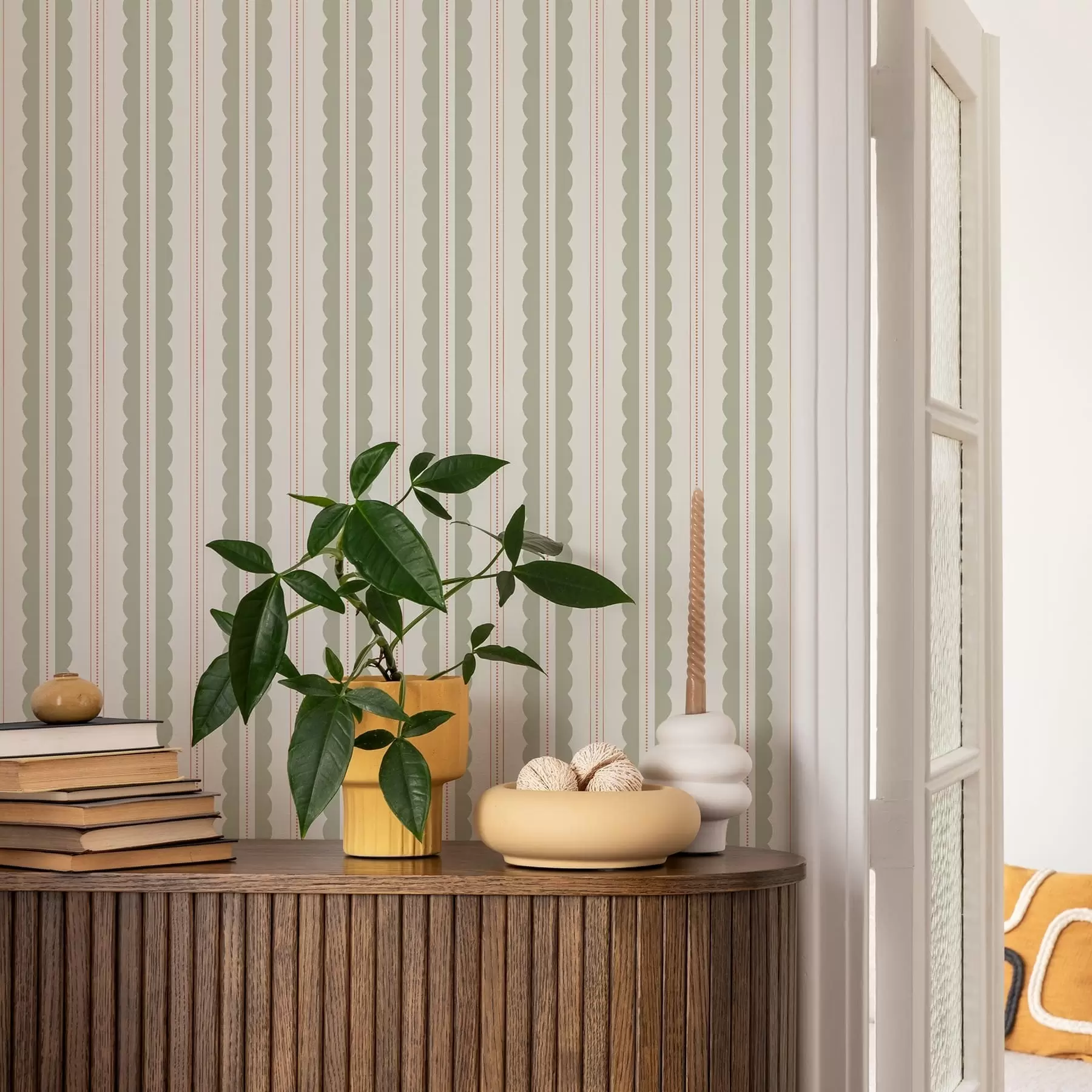 Wall Mural Photo Wallpaper Light green wavy stripes with orange dots a01185v3