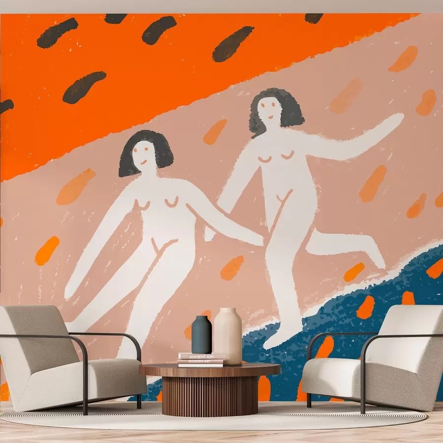 peintures murales art contemporain : deux femmes courant le long de la côte w05564