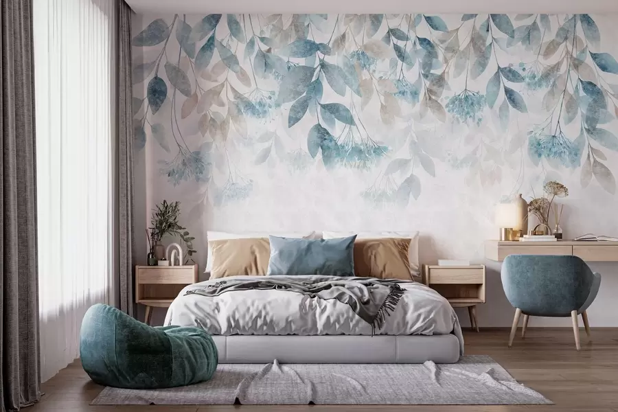 peintures murales des feuilles texturées tombant en cascade, ornées de fleurs dans des tons turquoise et beige w05565