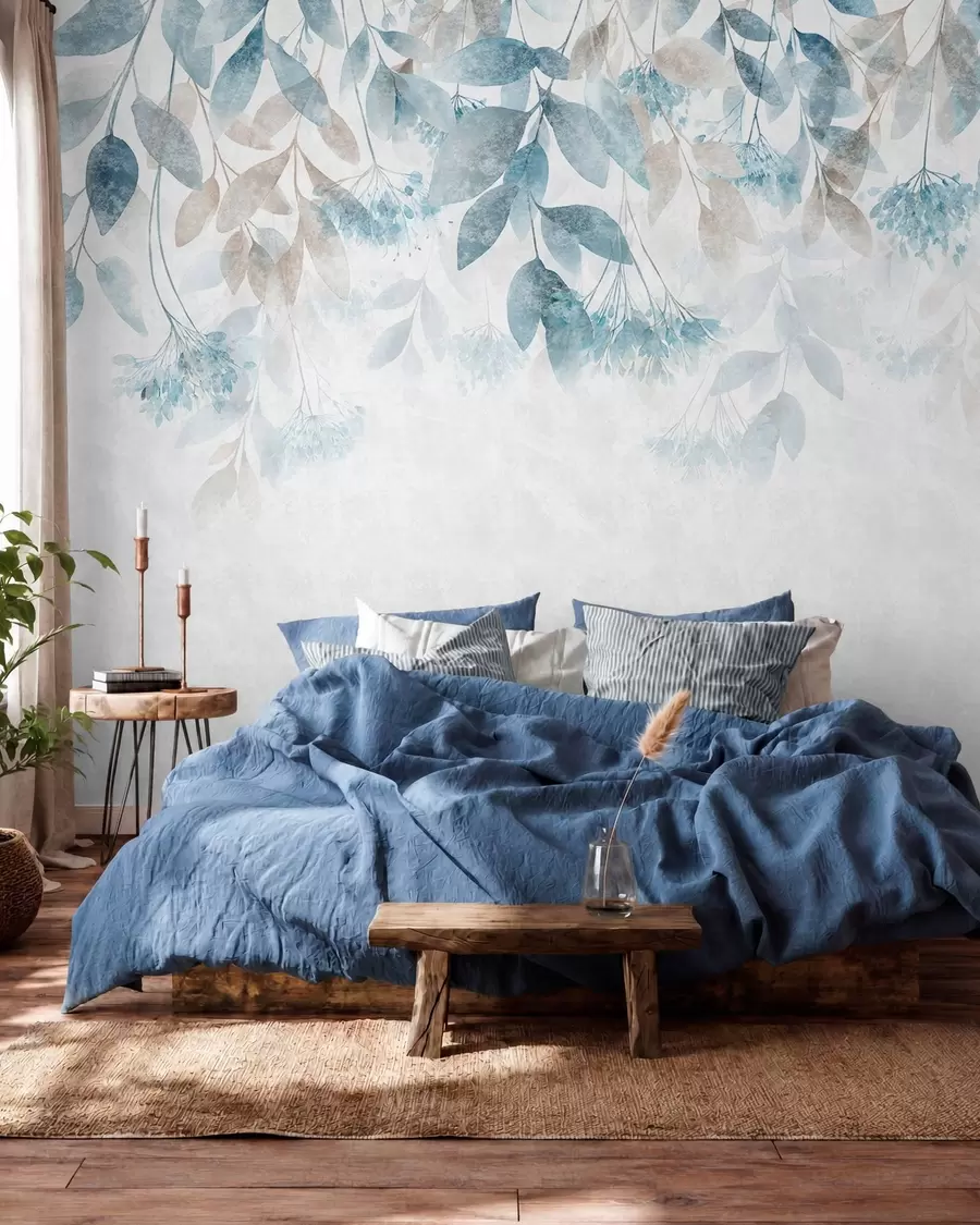 peintures murales des feuilles texturées tombant en cascade, ornées de fleurs dans des tons turquoise et beige w05565