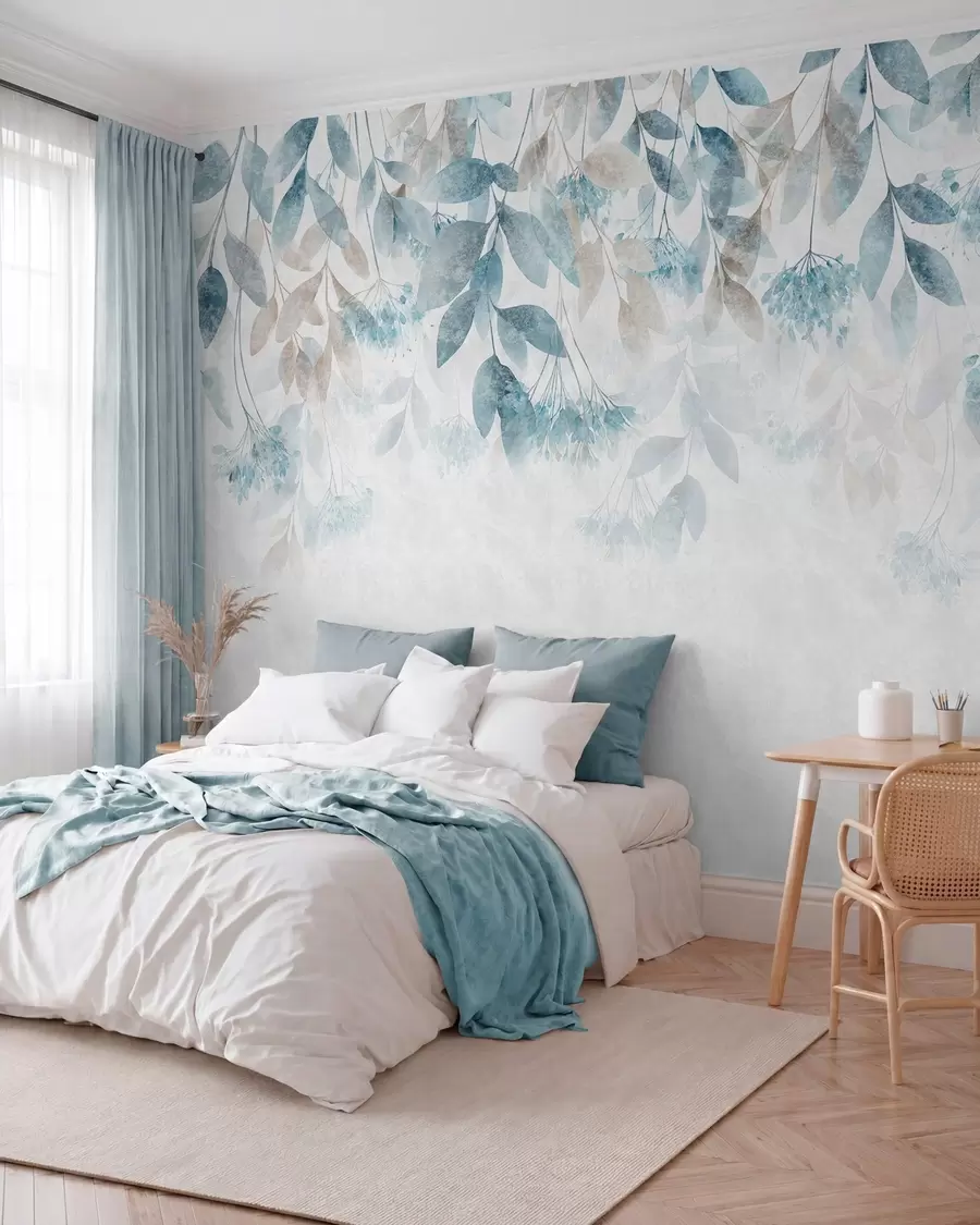 peintures murales des feuilles texturées tombant en cascade, ornées de fleurs dans des tons turquoise et beige w05565