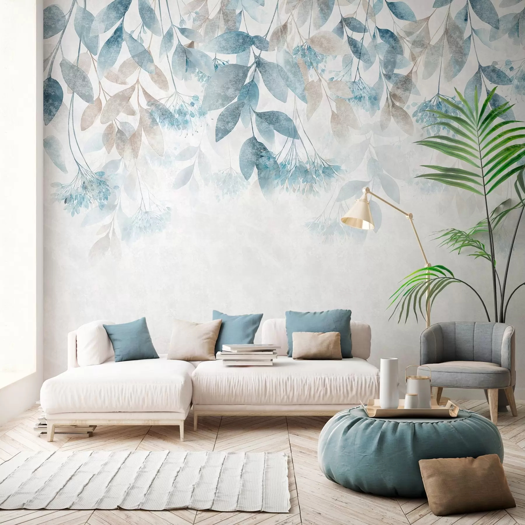 murais de parede folhas texturadas e em cascata com flores em tons de turquesa e bege w05565