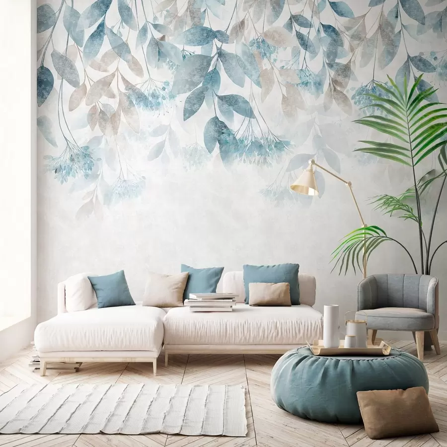 peintures murales des feuilles texturées tombant en cascade, ornées de fleurs dans des tons turquoise et beige w05565