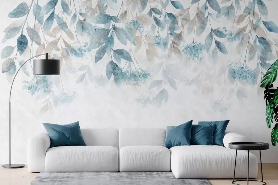 murales hojas con textura que caen en cascada, con flores en tonos turquesa y beige w05565