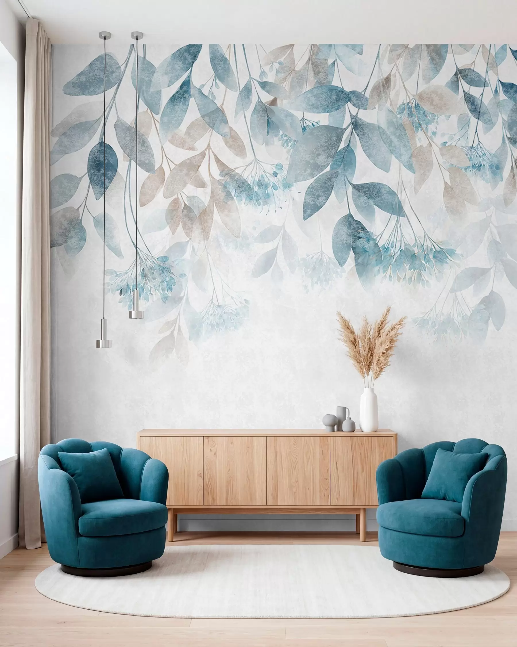 peintures murales Cascade de feuilles turquoise w05565