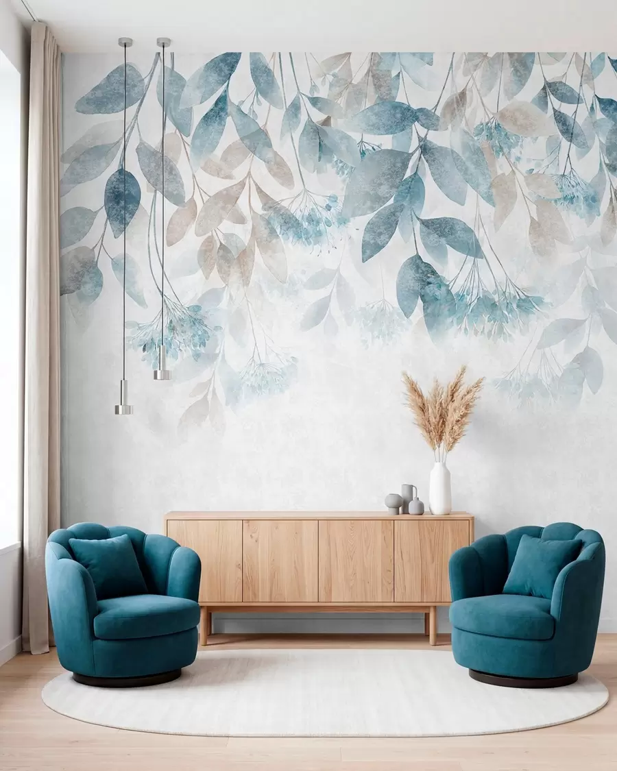 peintures murales Cascade de feuilles turquoise w05565
