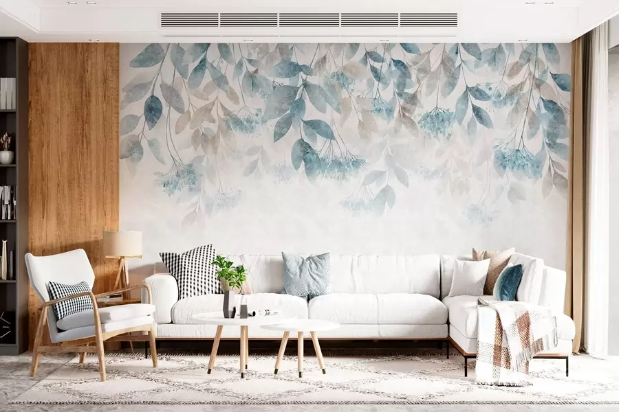 Wall Mural Photo Wallpaper textured, cascading leaves with flowers in shades of turquoise and beige w05565