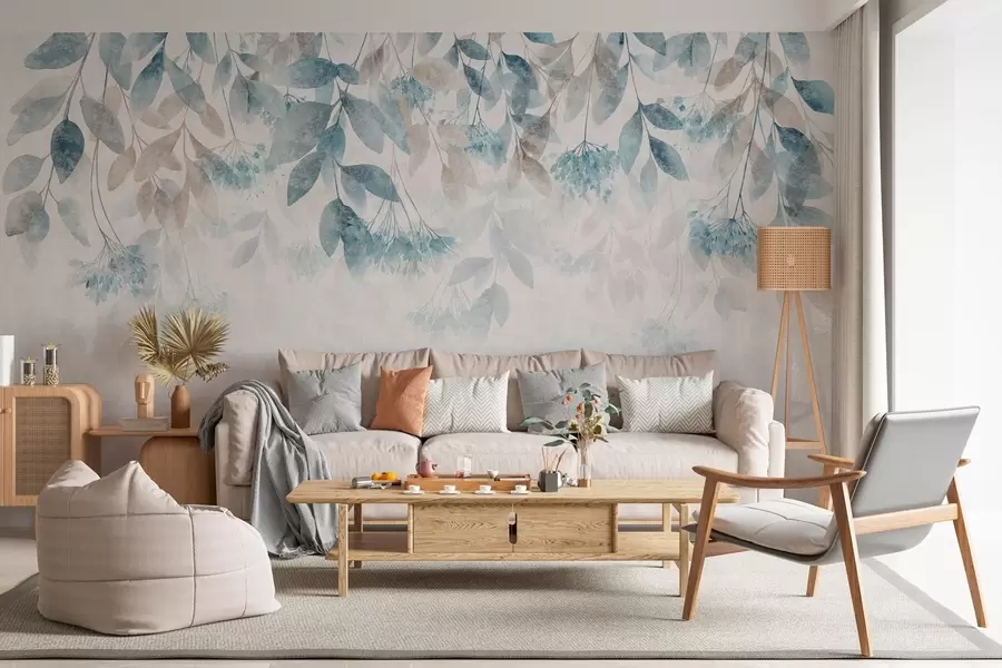 murales hojas con textura que caen en cascada, con flores en tonos turquesa y beige w05565