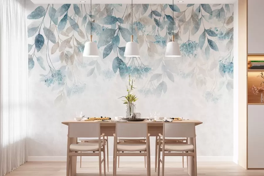 murales hojas con textura que caen en cascada, con flores en tonos turquesa y beige w05565