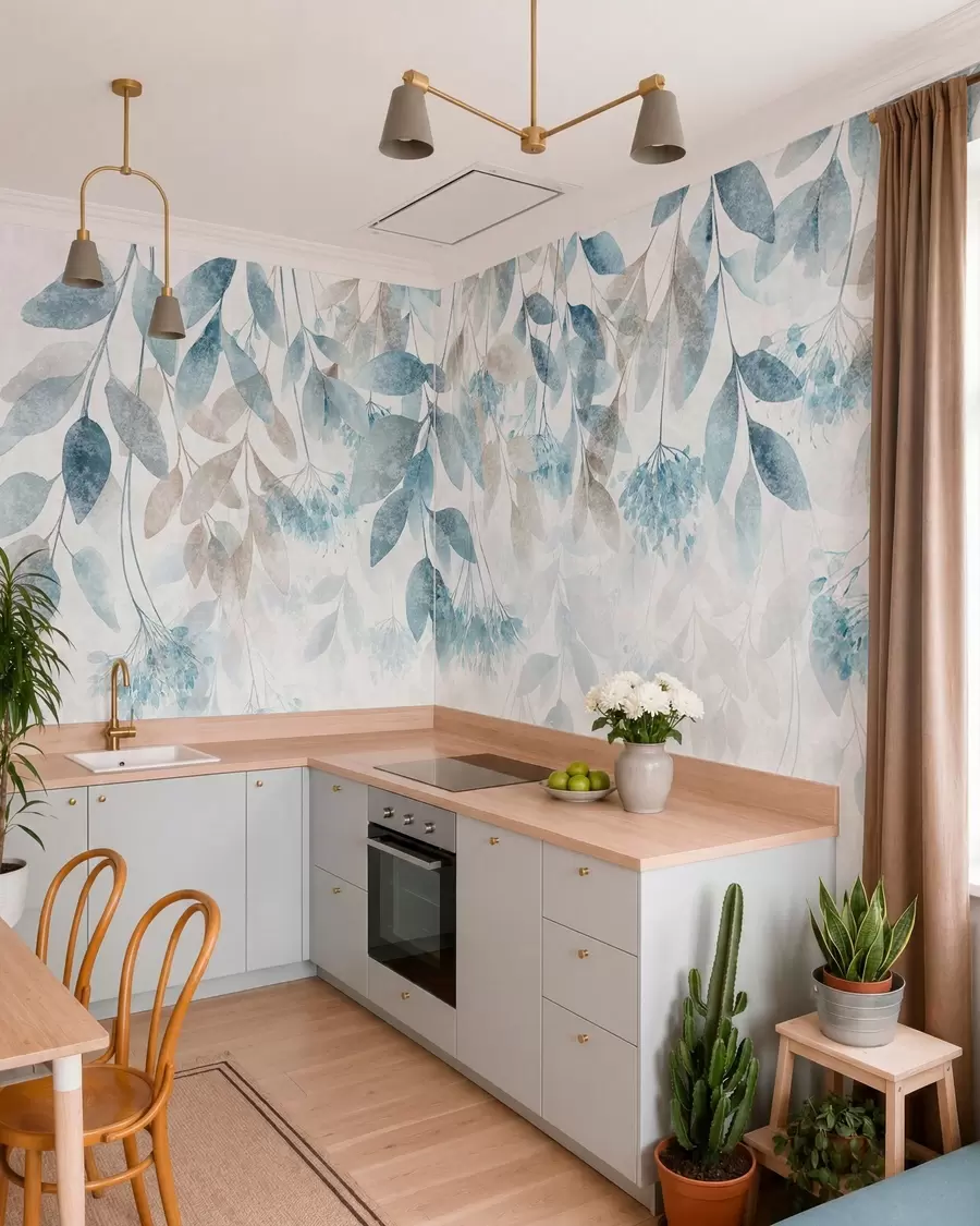 peintures murales des feuilles texturées tombant en cascade, ornées de fleurs dans des tons turquoise et beige w05565
