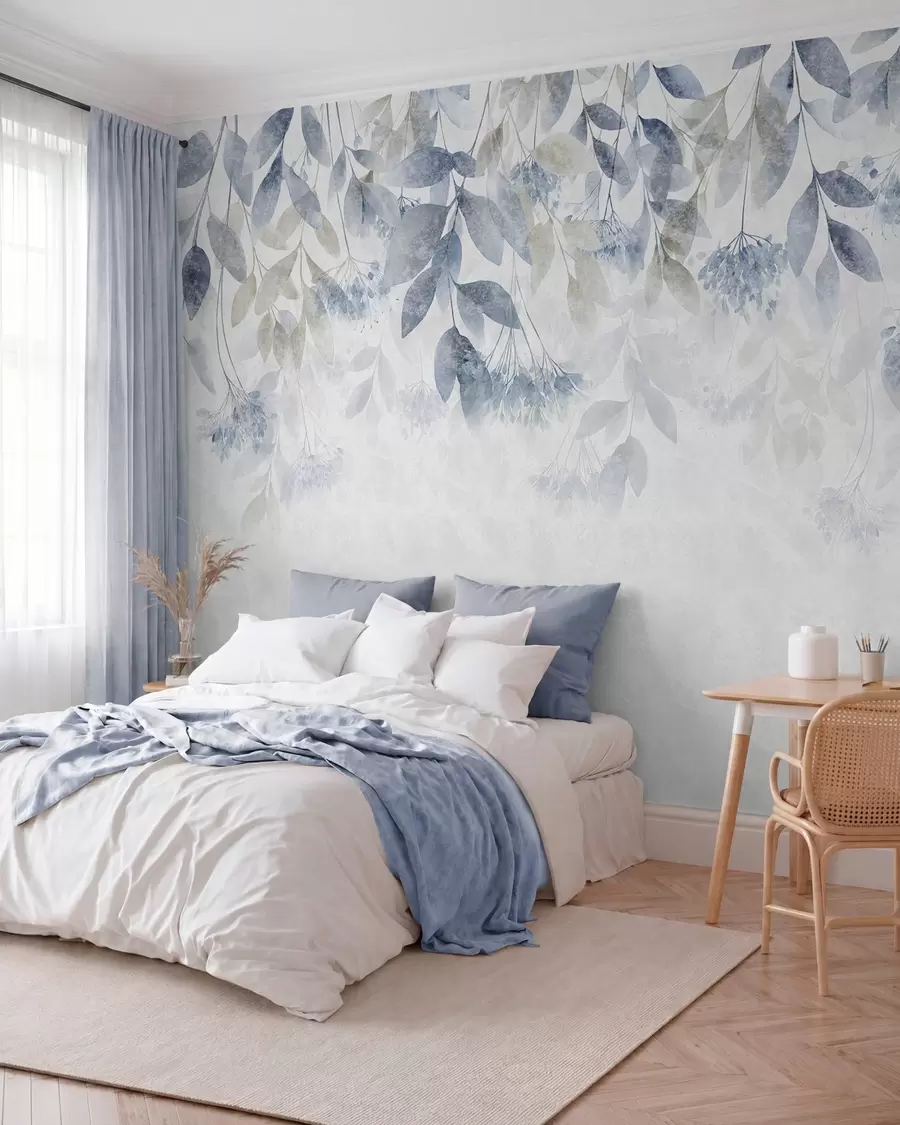 Wall Mural Photo Wallpaper textured, cascading leaves with flowers in shades of blue and beige w05565v1