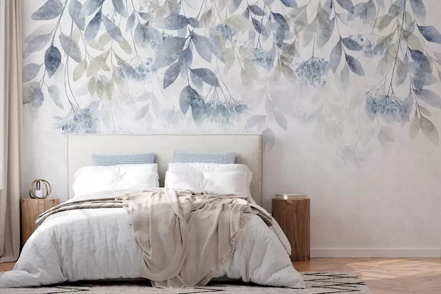 peintures murales feuilles texturées en cascade, ornées de fleurs dans des tons de bleu et de beige w05565v1