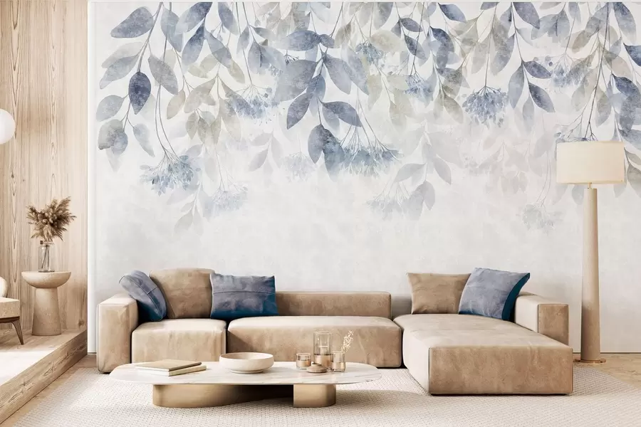Wall Mural Photo Wallpaper textured, cascading leaves with flowers in shades of blue and beige w05565v1