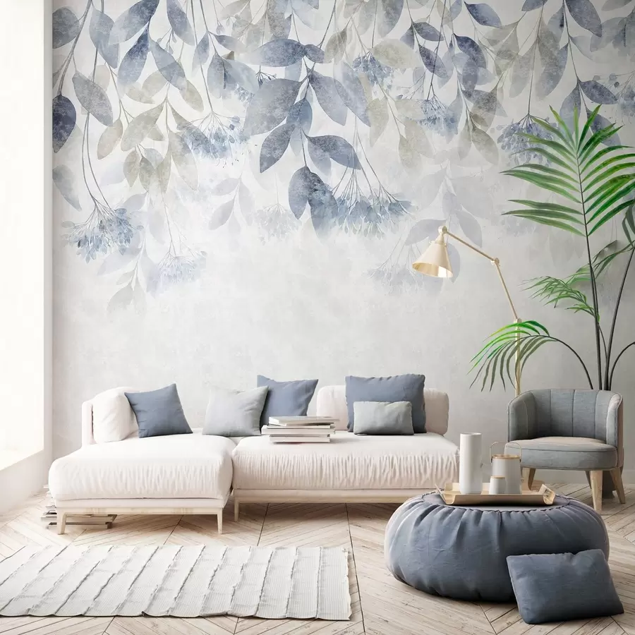 murales hojas con textura y en cascada, con flores en tonos azules y beige w05565v1