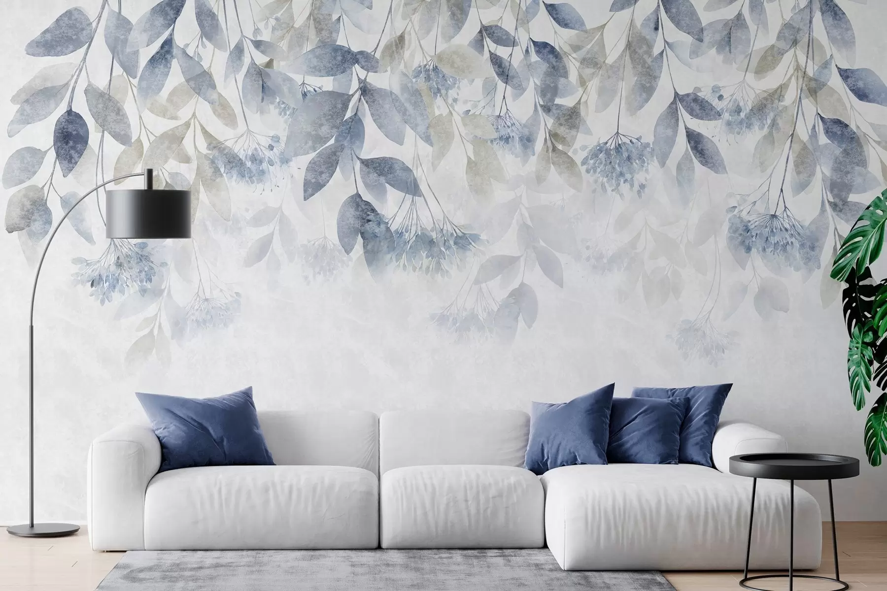 wall murals textured, cascading leaves with flowers in shades of blue and beige w05565v1