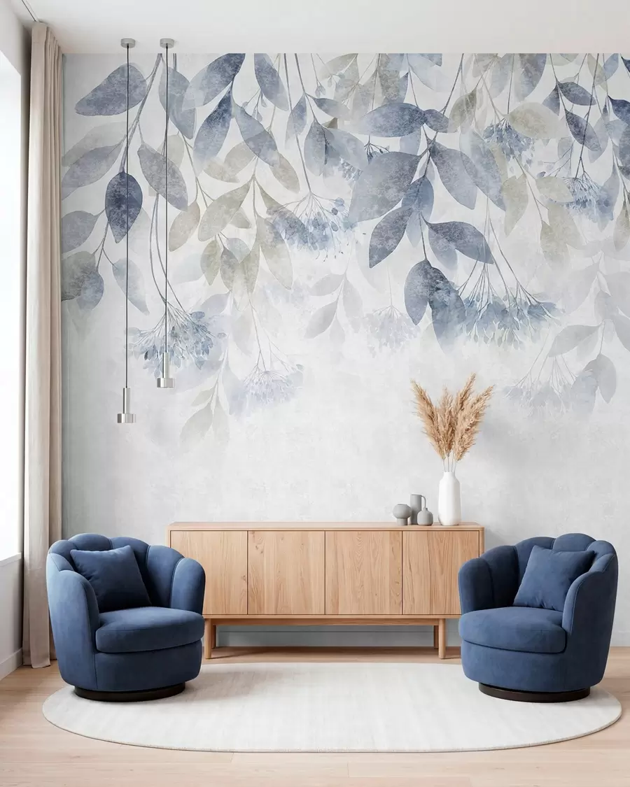 Wall Mural Photo Wallpaper textured, cascading leaves with flowers in shades of blue and beige w05565v1