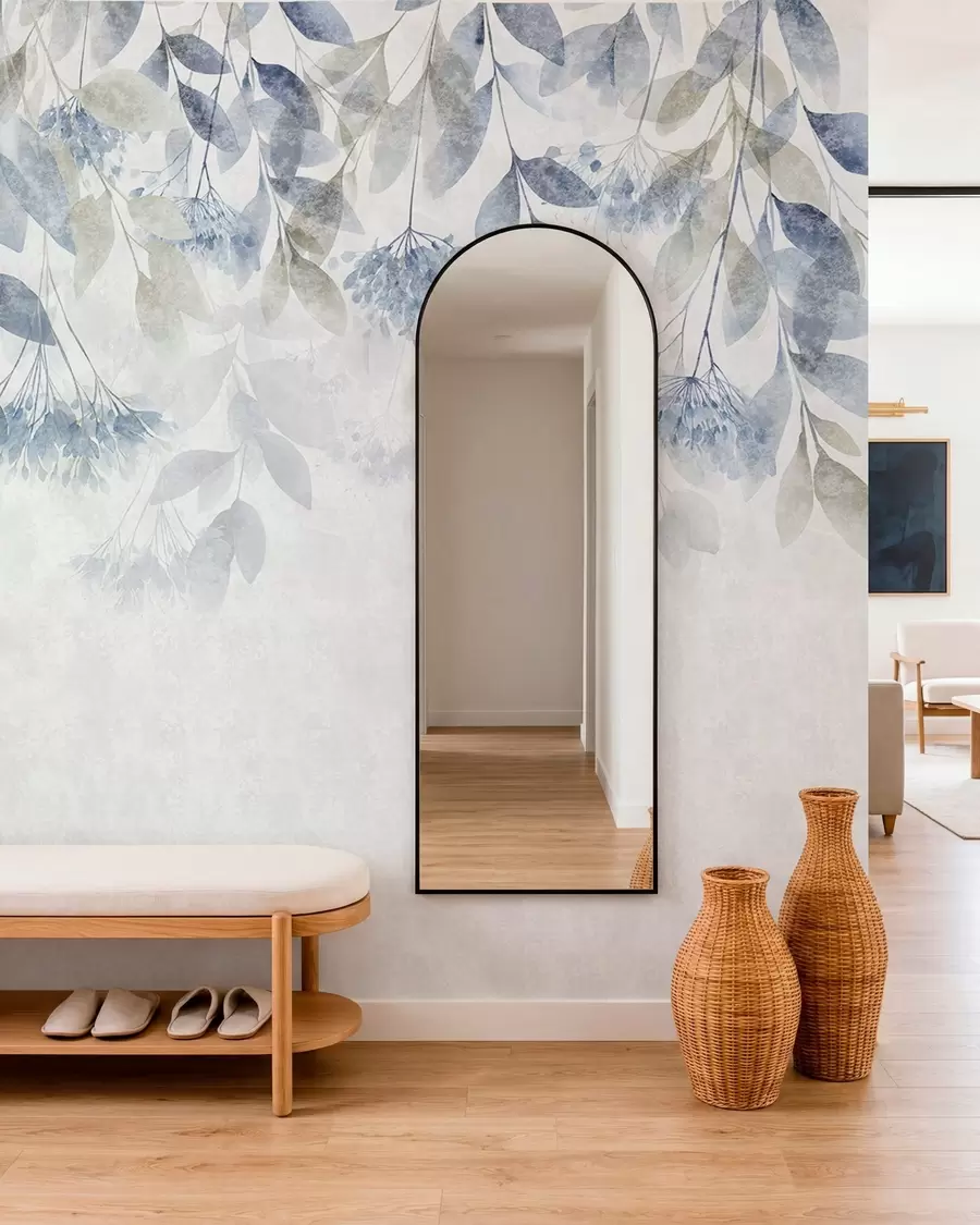Wall Mural Photo Wallpaper textured, cascading leaves with flowers in shades of blue and beige w05565v1