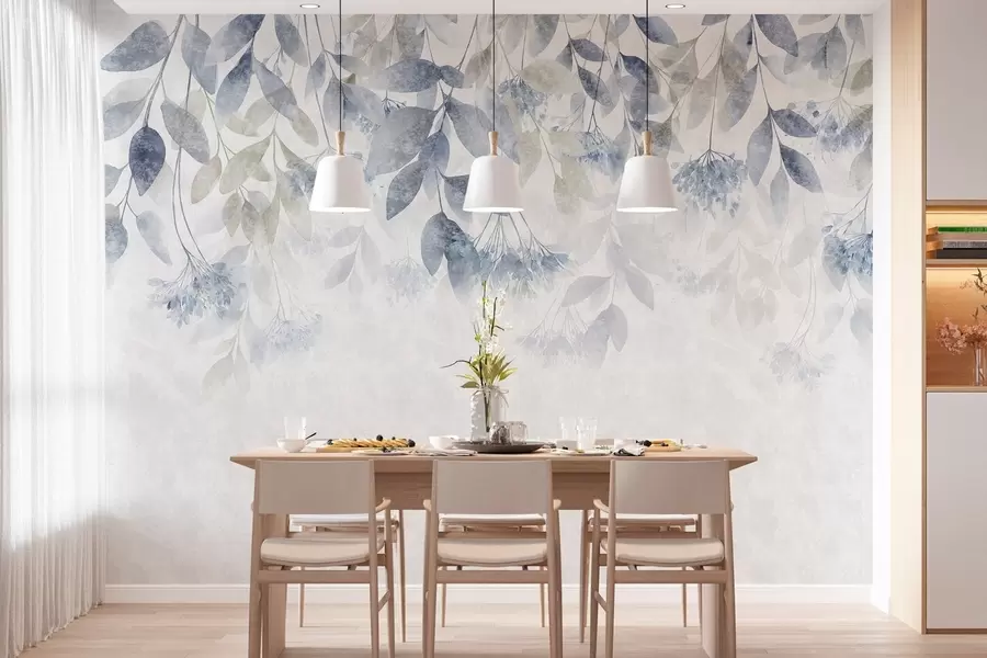murales hojas con textura y en cascada, con flores en tonos azules y beige w05565v1