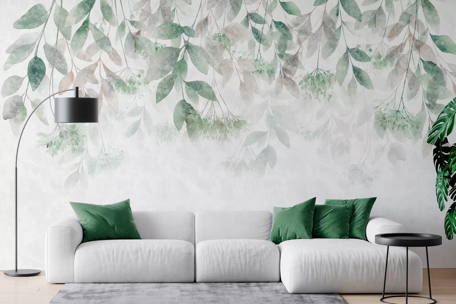 peintures murales feuilles texturées en cascade, ornées de fleurs dans des tons de vert et de beige w05565v2