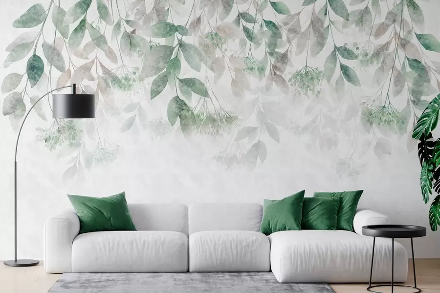 murales hojas con textura y en cascada, con flores en tonos verdes y beige w05565v2