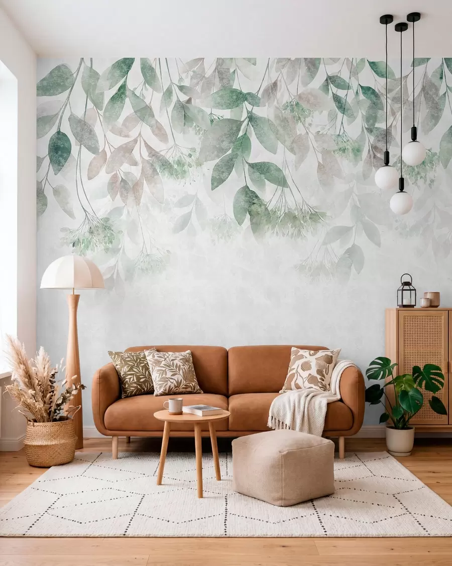 murales hojas con textura y en cascada, con flores en tonos verdes y beige w05565v2