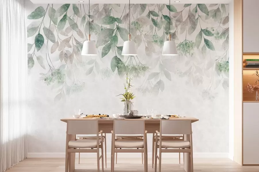 murales hojas con textura y en cascada, con flores en tonos verdes y beige w05565v2