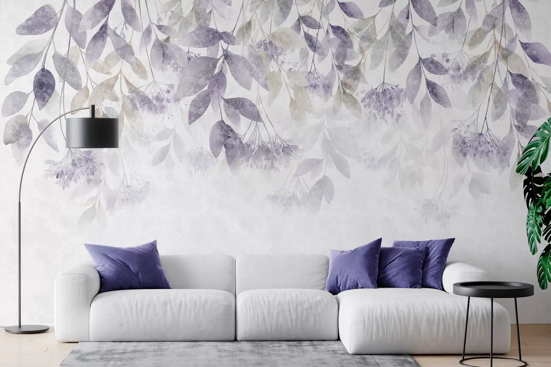 wall murals textured, cascading leaves with flowers in shades of purple and beige w05565v3