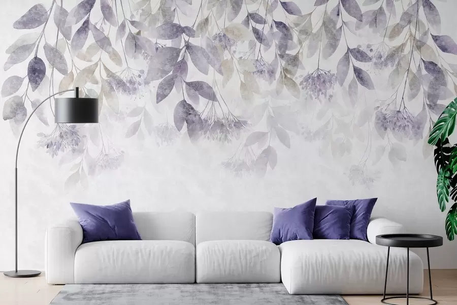 murales hojas con textura y en cascada, con flores en tonos morados y beige w05565v3