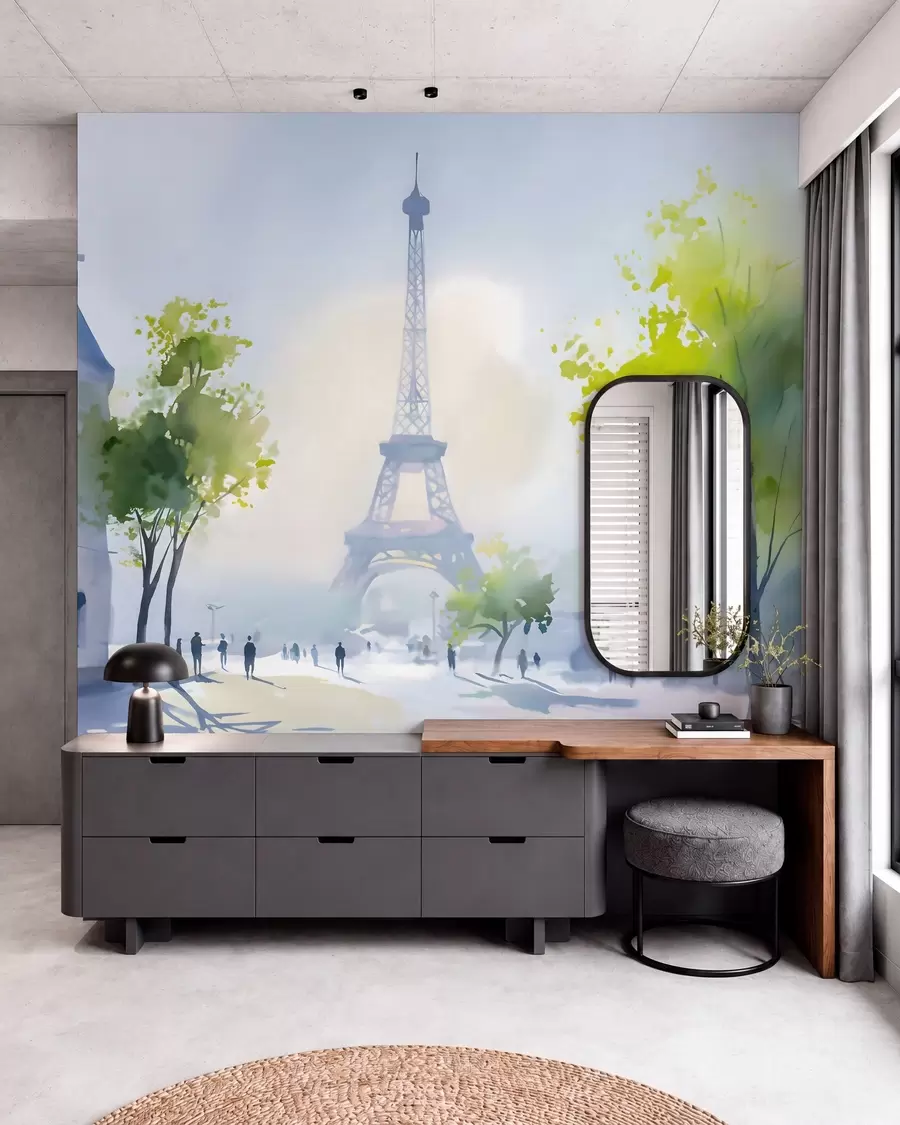 peintures murales Paris, un paysage urbain dans un style aquarelle à la prima w05566