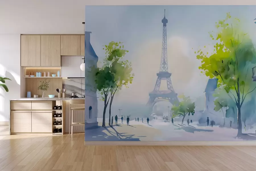peintures murales Paris, un paysage urbain dans un style aquarelle à la prima w05566
